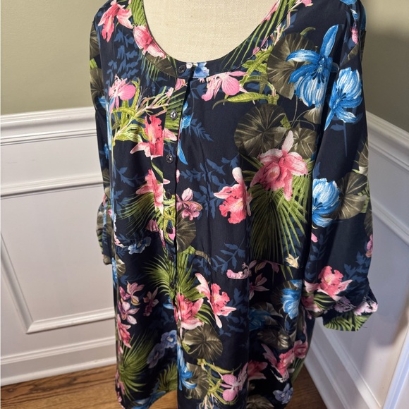 Roamans Plus Size Blouse size large navy with‎ tropical print - Picture 3 of 7